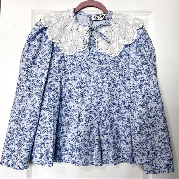 Andion Tops - Andion Fiona blue paisley ditsy floral print embroidered collar blouse S